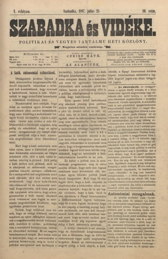 Szabadka és vidéke II, 5. évf. 1897. július 25. 30. sz.