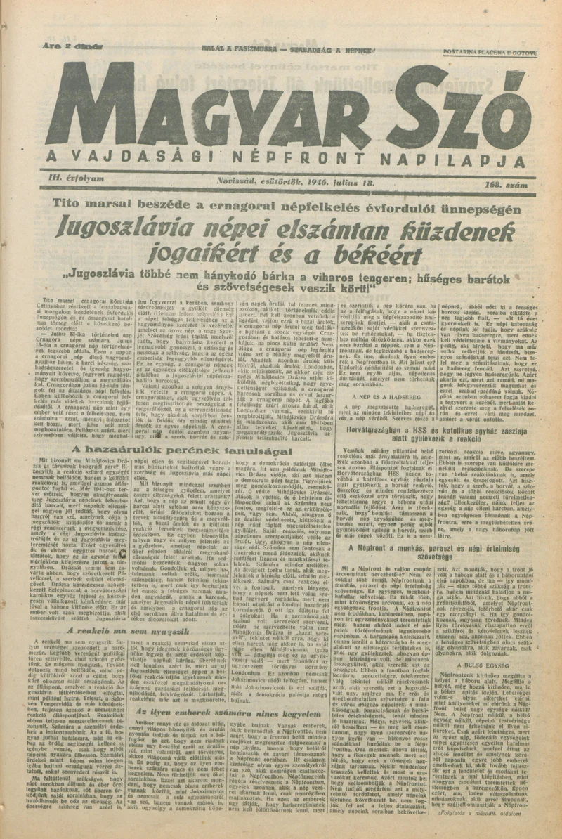 Magyar Szó, 3. évf. 1946. július 18. 168. sz. 1–8. oldal