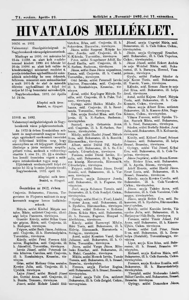 A Totontál  hivatalos melléklete, 5. évf. 1892. április 27. 71. sz.