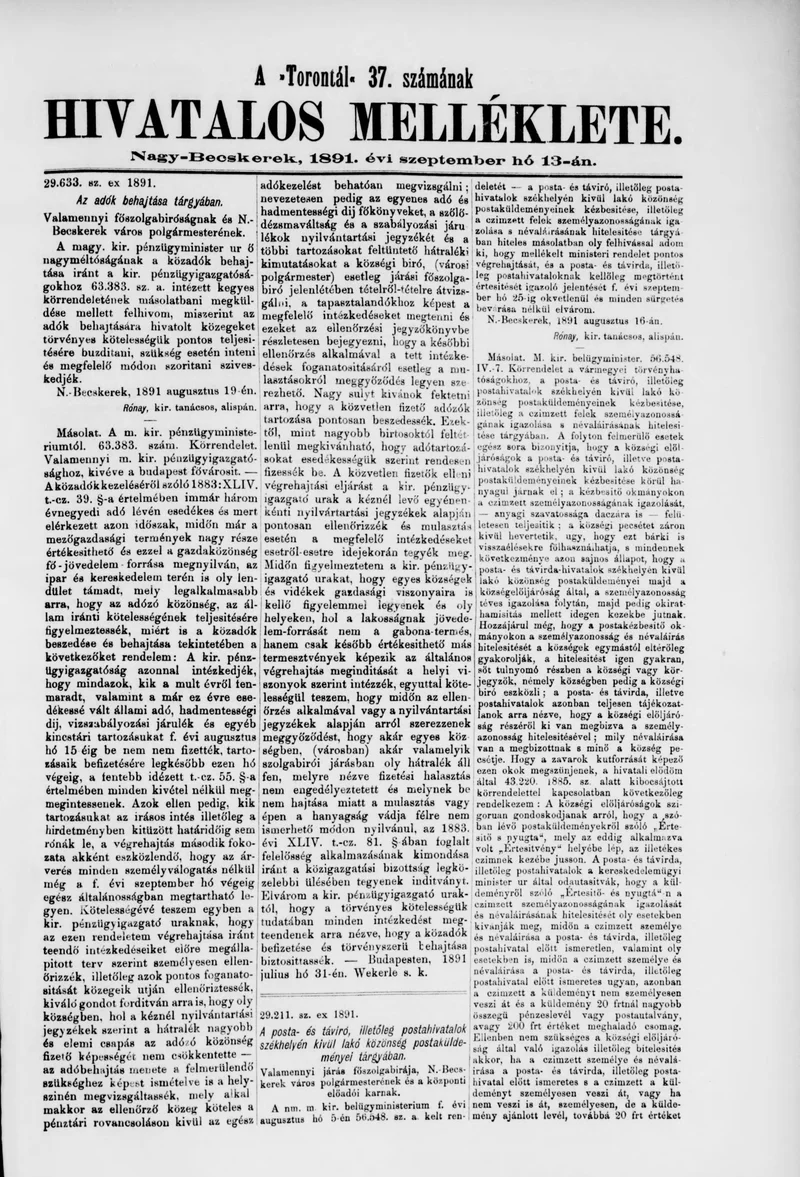 A Totontál  hivatalos melléklete, 4. évf. 1891. szeptember 13. 37. sz.