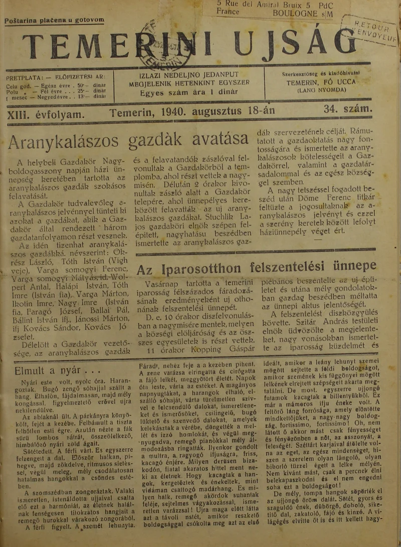 Temerini Újság 1928-1944, 13. évf. 1940. augusztus 18. 34. sz.