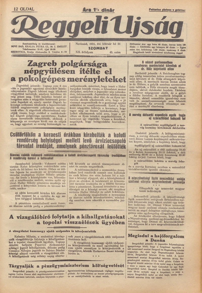 Reggeli Újság, 12. évf. 1931. február 21. 43. sz.