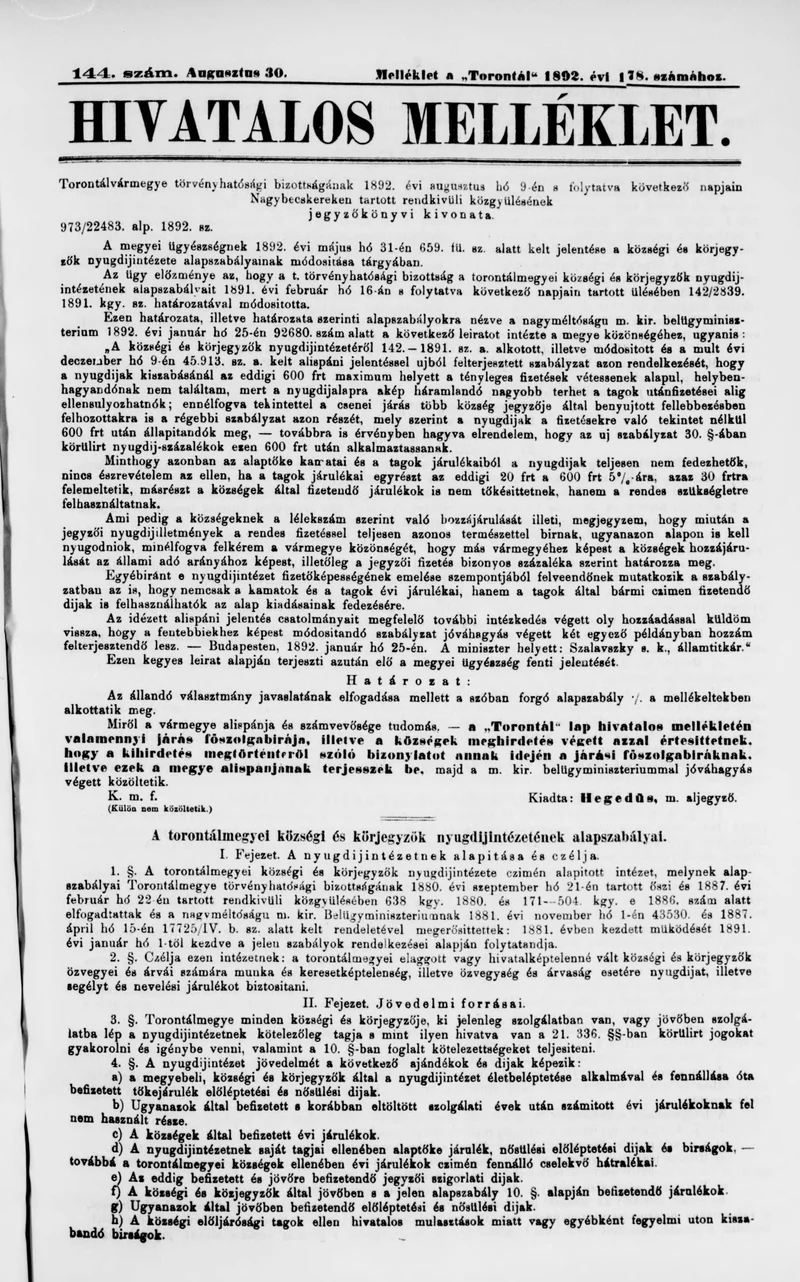 A Totontál  hivatalos melléklete, 5. évf. 1892. augusztus 30. 144. sz.