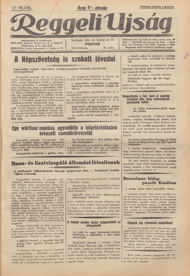 Reggeli Újság, 12. évf. 1931. február 20. 42. sz.