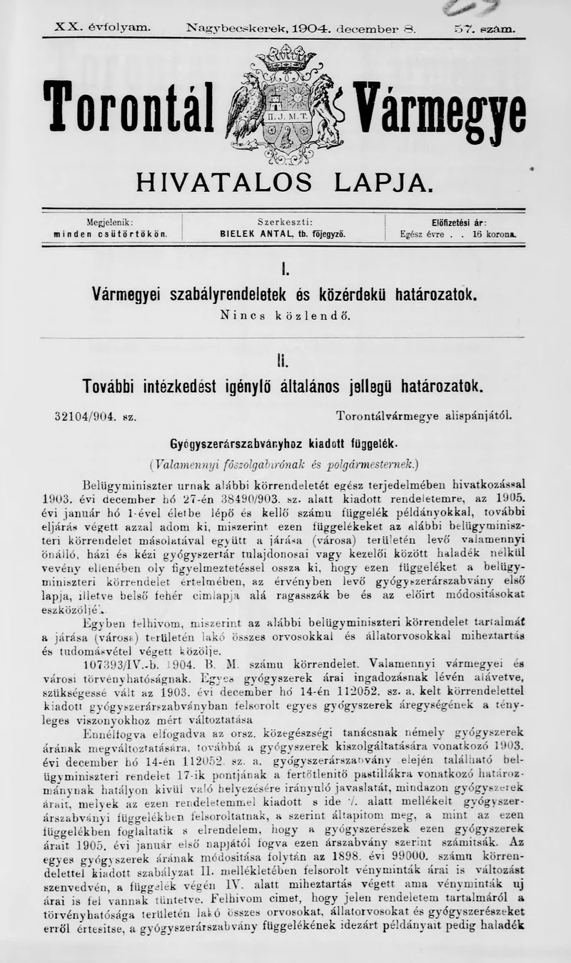 Torontál Vármegye Hivatalos Lapja, 20. évf. 1904. december 8. 57. sz.