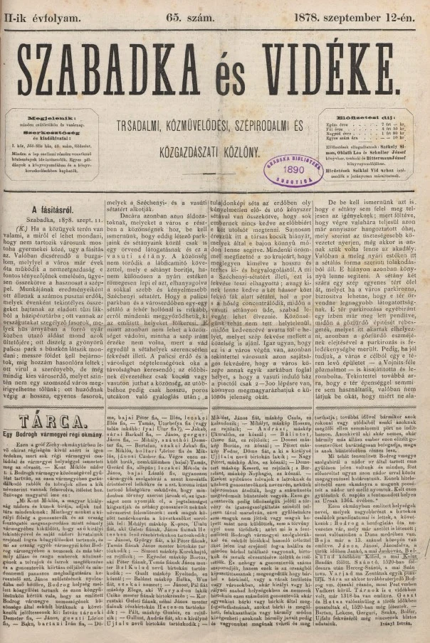 Szabadka és vidéke, 2. évf. 1878. szeptember 12. 65. sz.