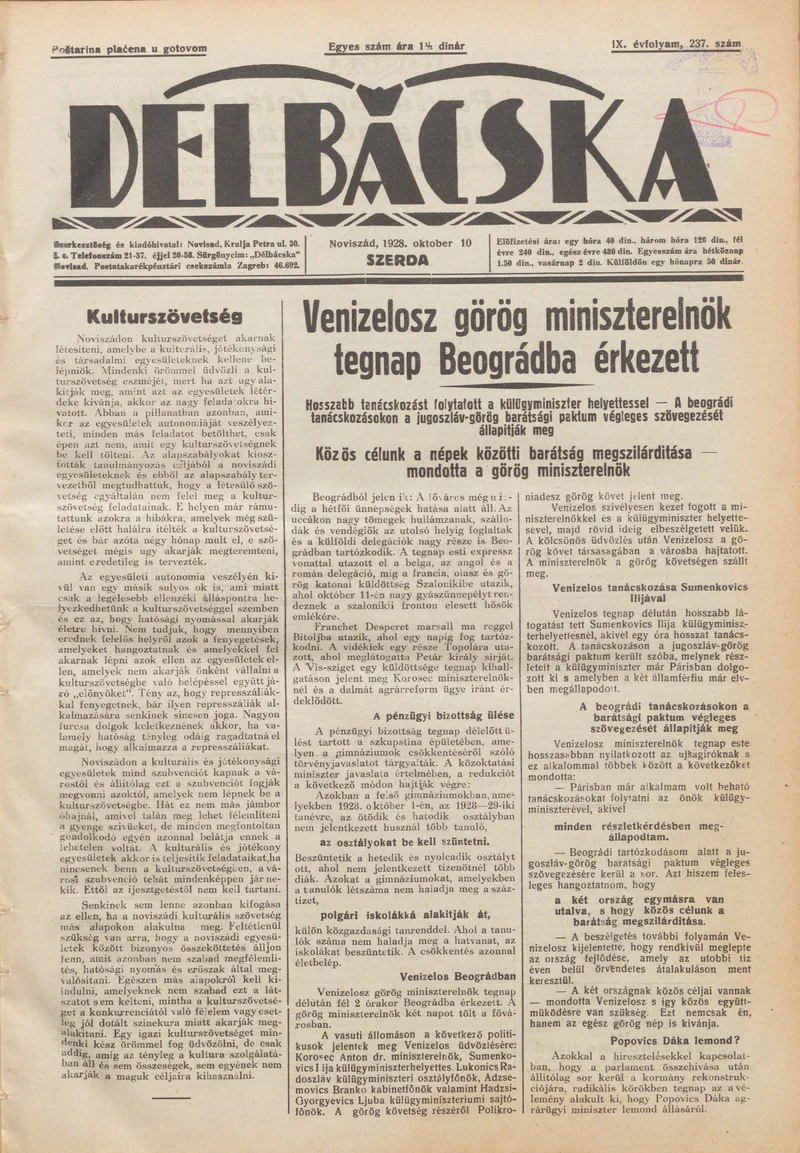 Délbácska, 9. évf. 1928. október 10. 237. sz.