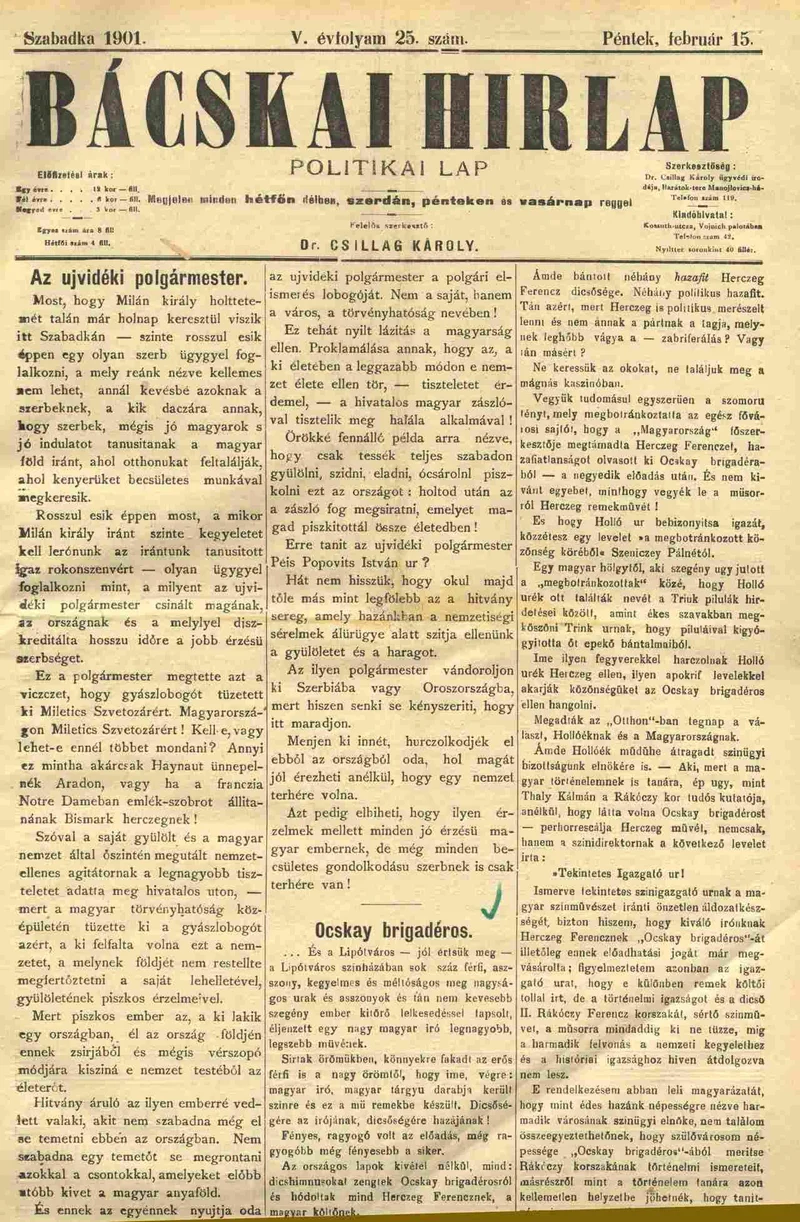 Bácskai Hirlap, 5. évf. 1901. február 15. 25. sz.