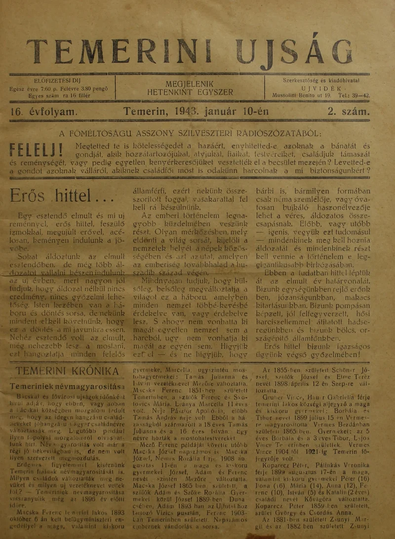 Temerini Újság 1928-1944, 16. évf. 1943. január 10. 2. sz.