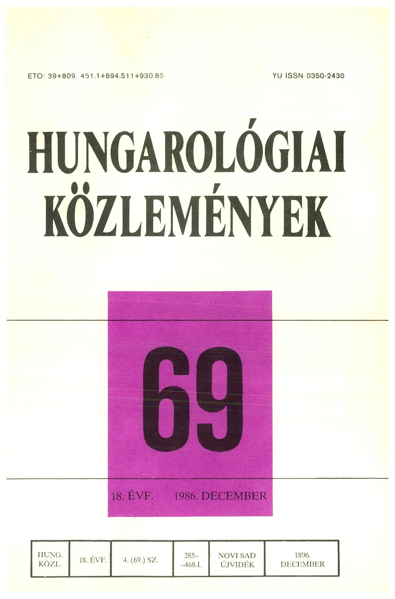 Hungarológiai Közlemények, 18. évf. 1986. december 1. 69. sz. 285–411. oldal