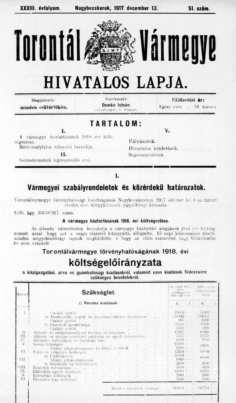 Torontál Vármegye Hivatalos Lapja, 33. évf. 1917. december 13. 51. sz.
