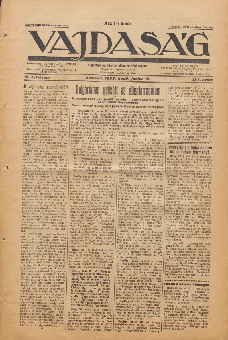 Vajdaság, 3. évf. 1923. június 19. 137. sz.