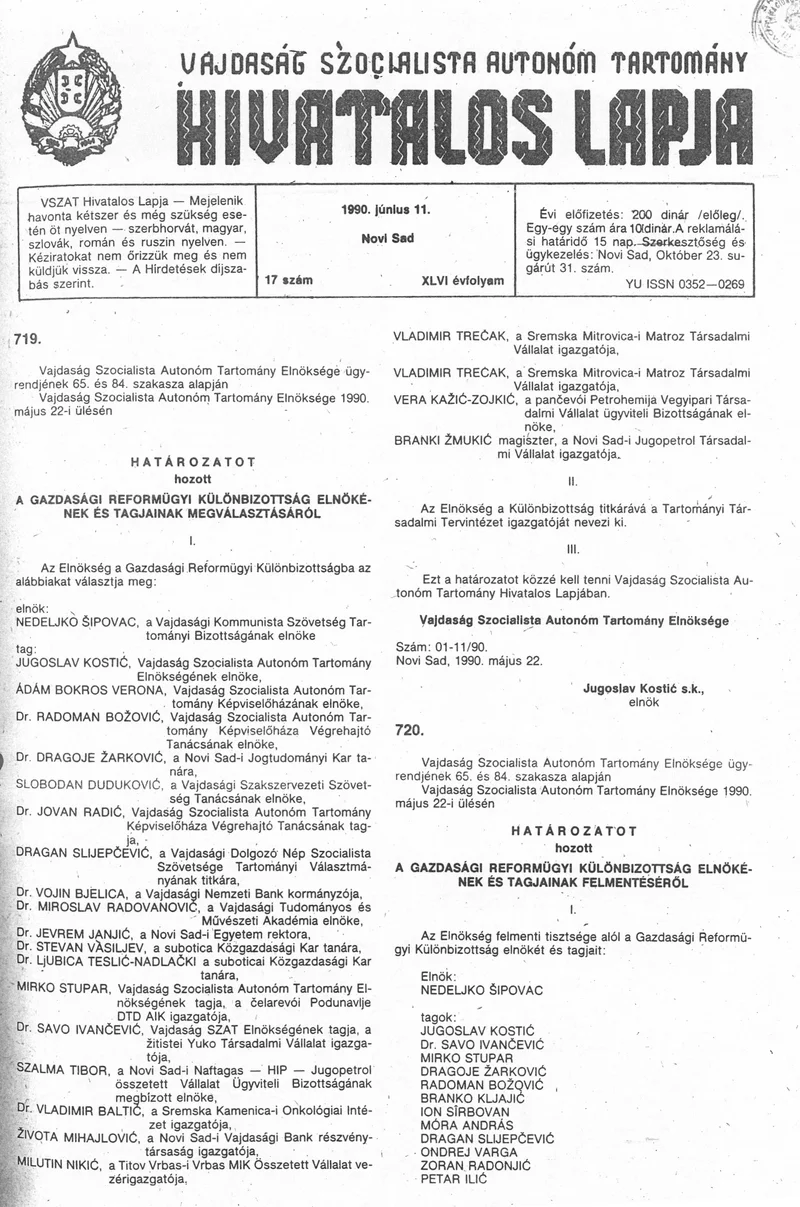 Vajdaság Szocialista Autonóm Tartomány Hivatalos Lapja, 46. évf. 1990. június 11. 17. sz.
