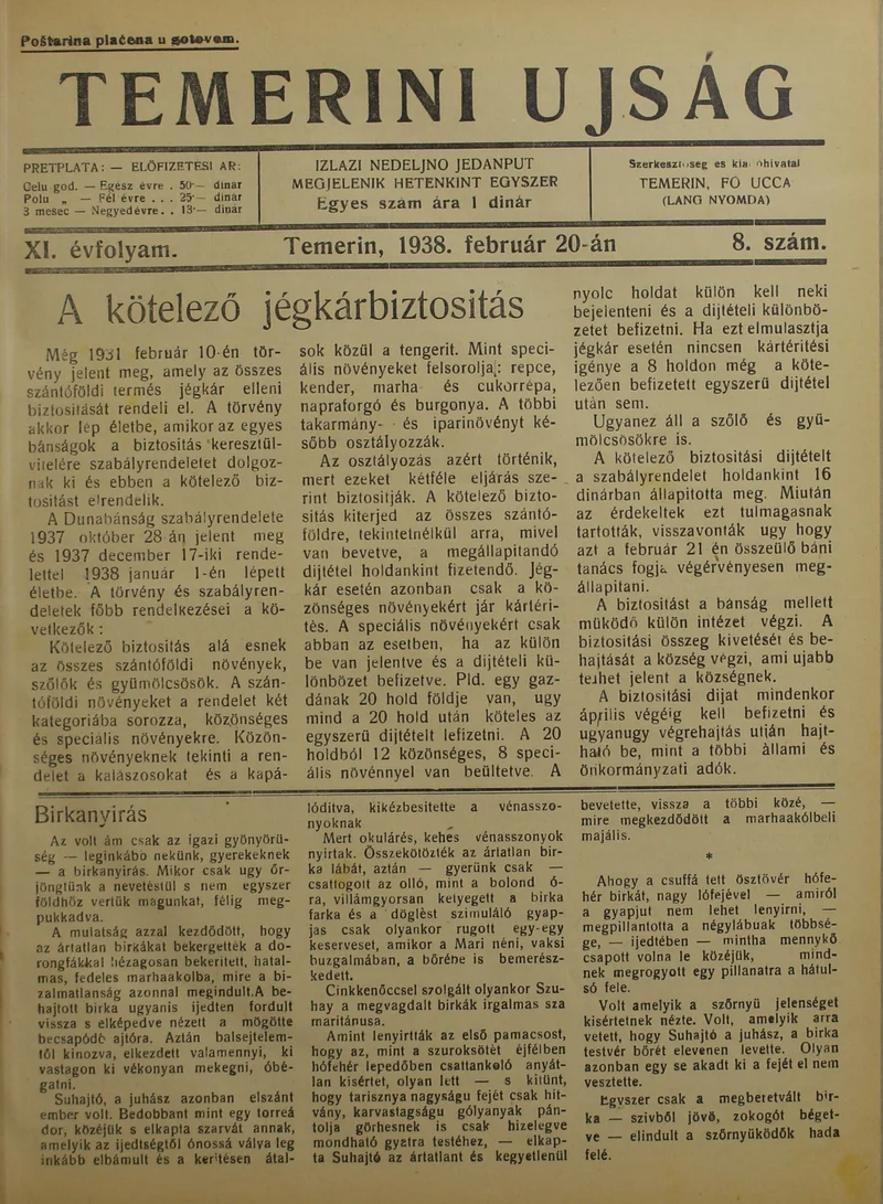 Temerini Újság 1928-1944, 11. évf. 1938. február 20. 8. sz.