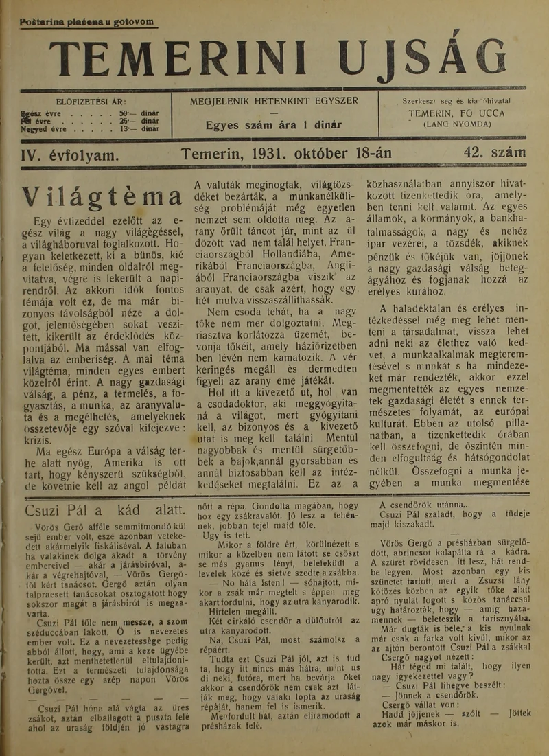 Temerini Újság 1928-1944, 4. évf. 1931. október 18. 42. sz.