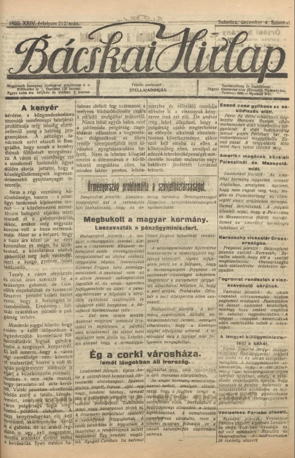 Bácskai Hirlap, 24. évf. 1920. december 4. 212. sz.