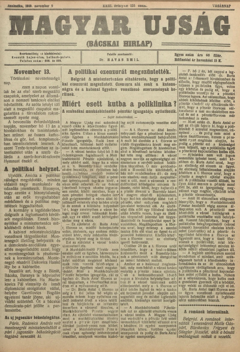 Bácskai Hirlap, 23. évf. 1919. november 9. 125. sz.