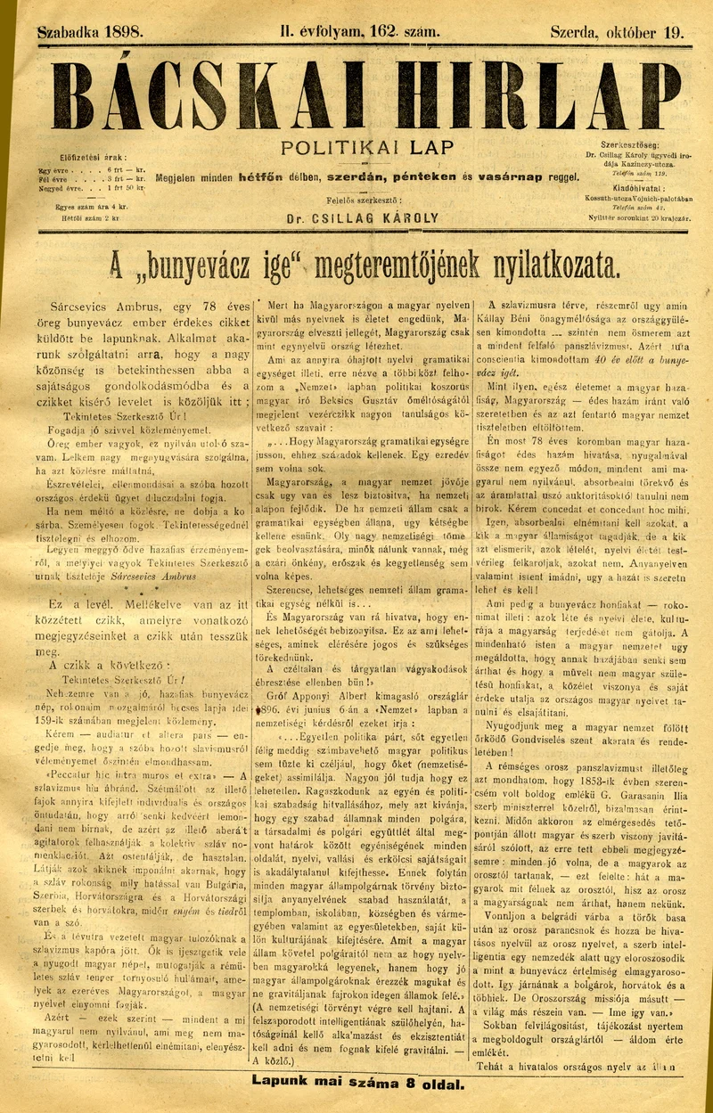 Bácskai Hirlap, 2. évf. 1898. október 19. 162. sz. 1–8. oldal