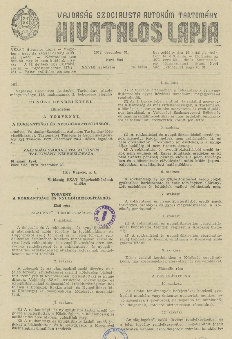 Vajdaság Szocialista Autonóm Tartomány Hivatalos Lapja, 28. évf. 1972. december 31. 26. sz. 869–924. oldal