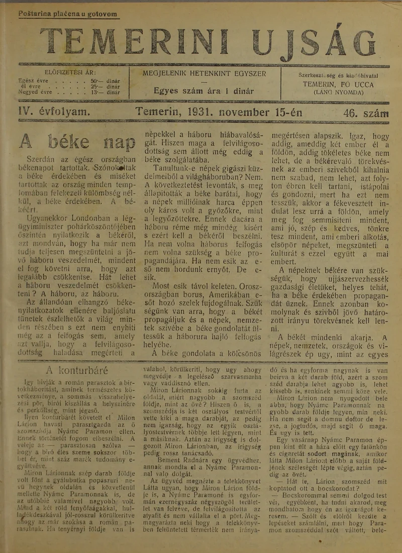 Temerini Újság 1928-1944, 4. évf. 1931. november 15. 46. sz.