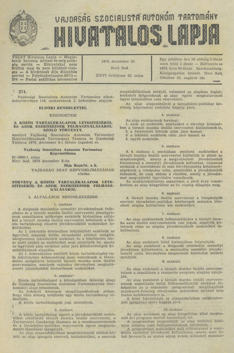 Vajdaság Szocialista Autonóm Tartomány Hivatalos Lapja, 26. évf. 1970. december 23. 22. sz. 317–318. oldal