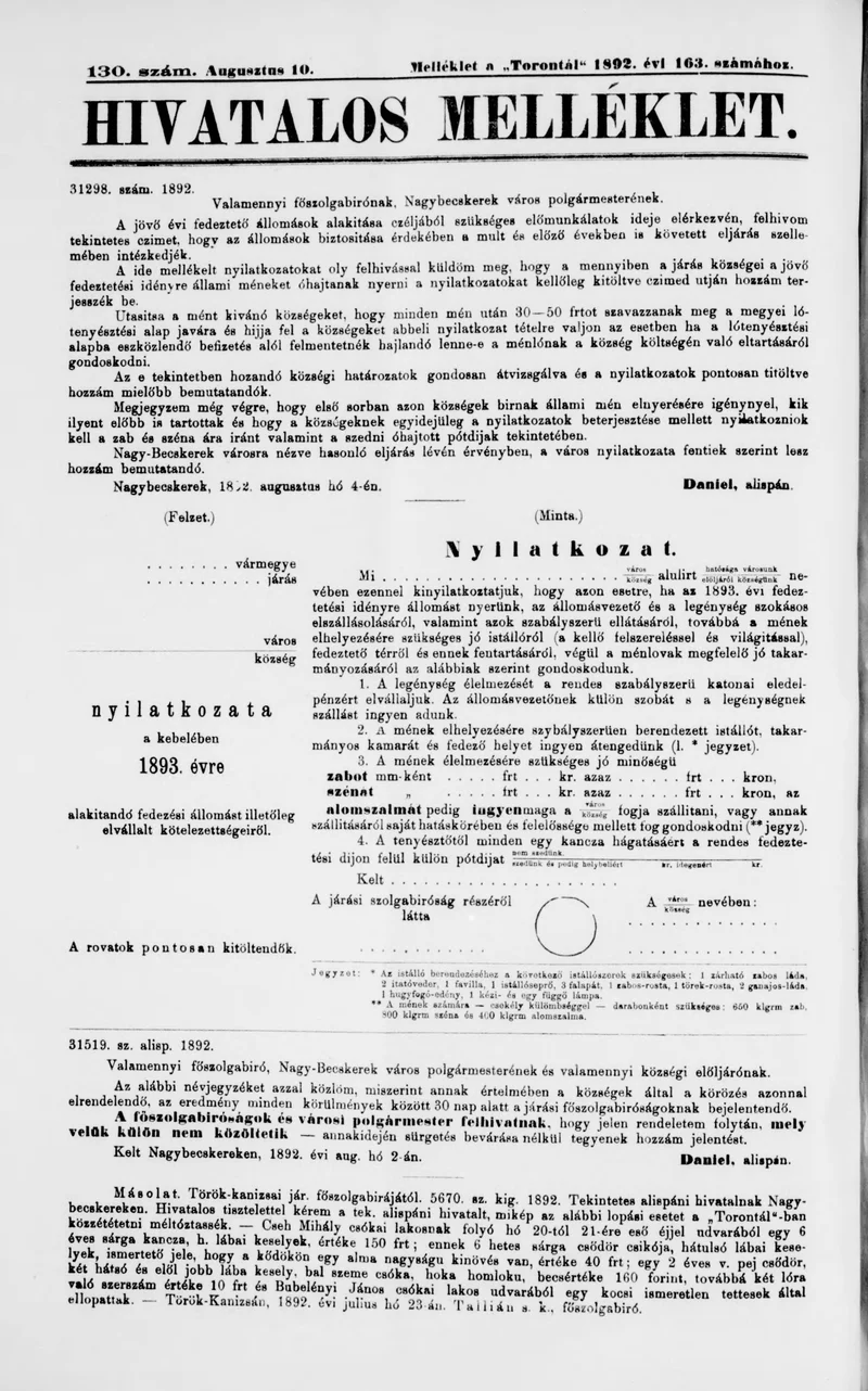 A Totontál  hivatalos melléklete, 5. évf. 1892. augusztus 10. 130. sz.