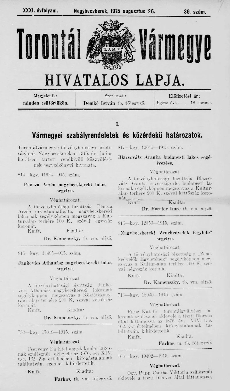 Torontál Vármegye Hivatalos Lapja, 31. évf. 1915. augusztus 26. 36. sz.