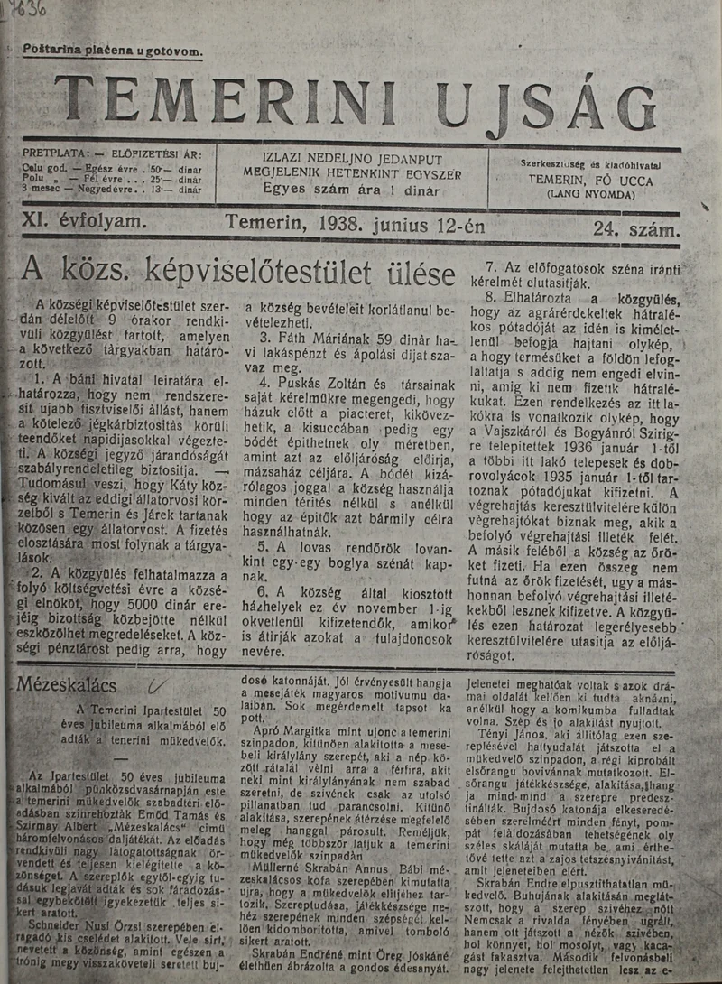 Temerini Újság 1928-1944, 11. évf. 1938. június 12. 24. sz.