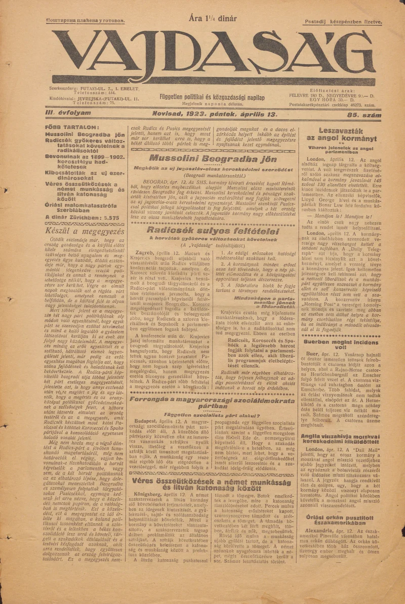 Vajdaság, 3. évf. 1923. április 13. 85. sz.