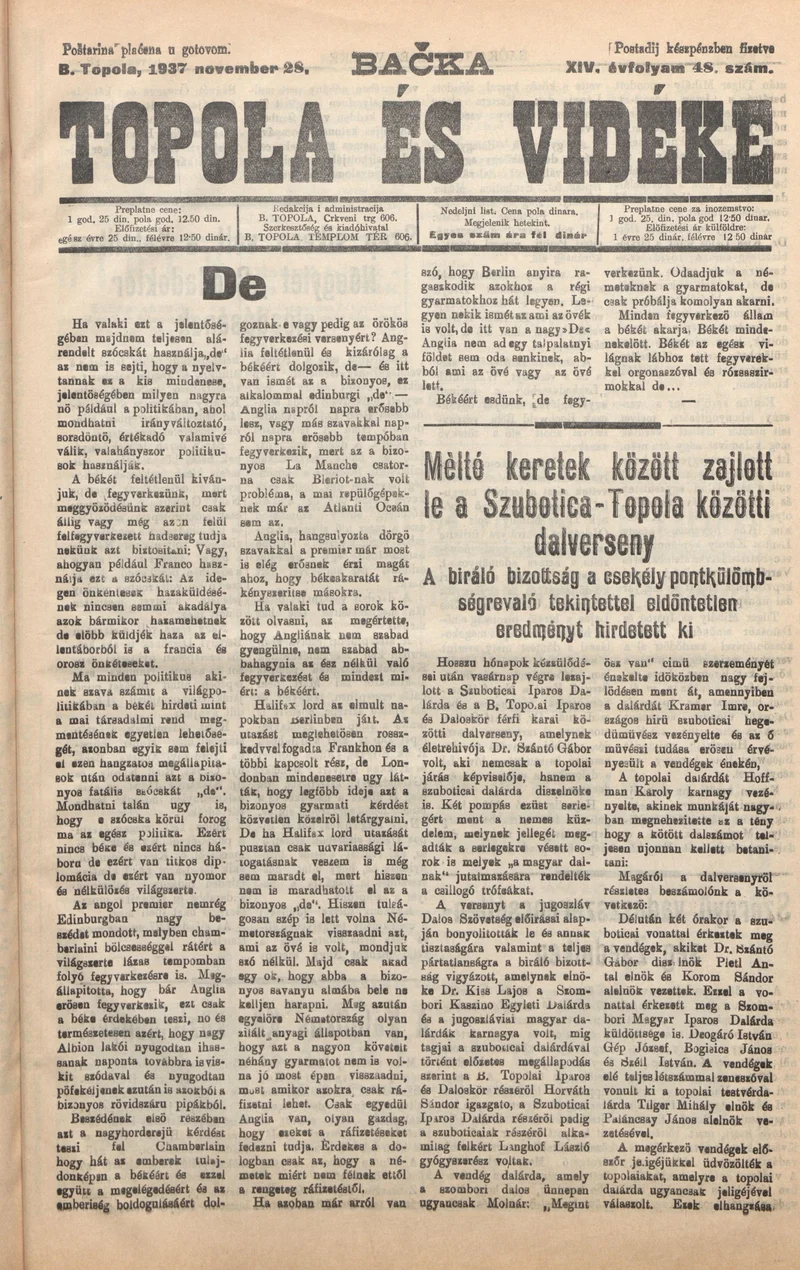 Bačka Topola és Vidéke, 14. évf. 1937. november 28. 48. sz.