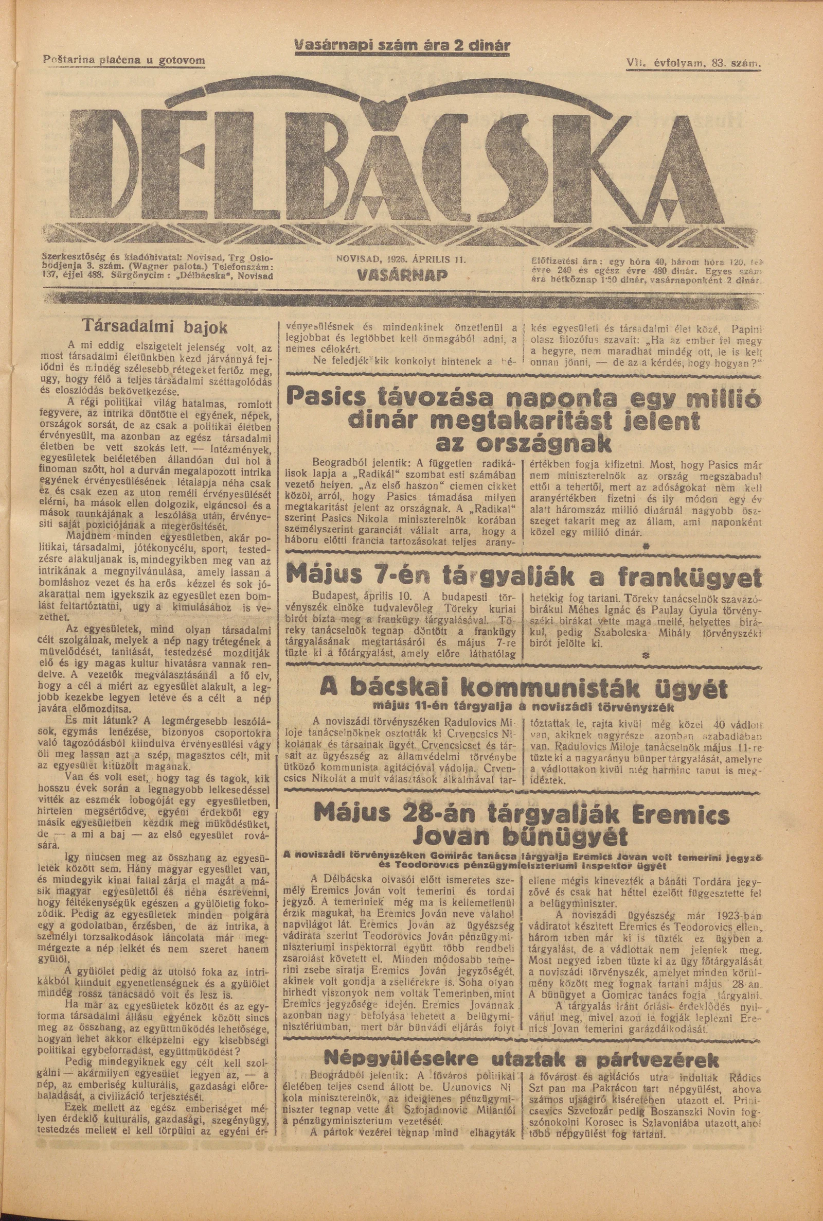 Délbácska, 7. évf. 1926. április 11. 83. sz.