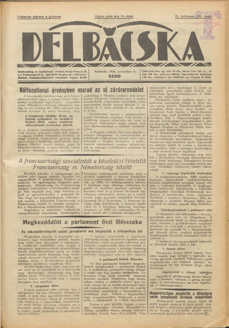 Délbácska, 9. évf. 1928. november 6. 259. sz.
