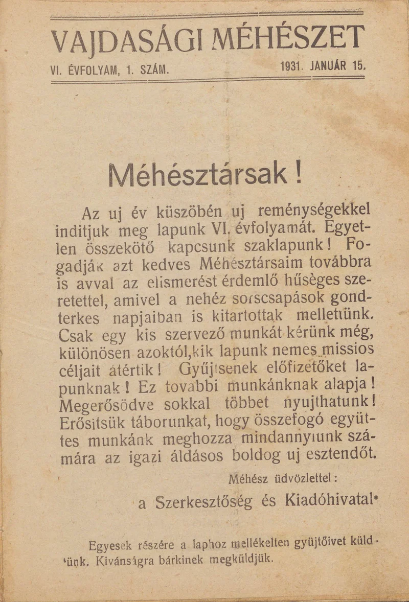 Vajdasági méhészet, 6. évf. 1931. január 15. 1. sz.