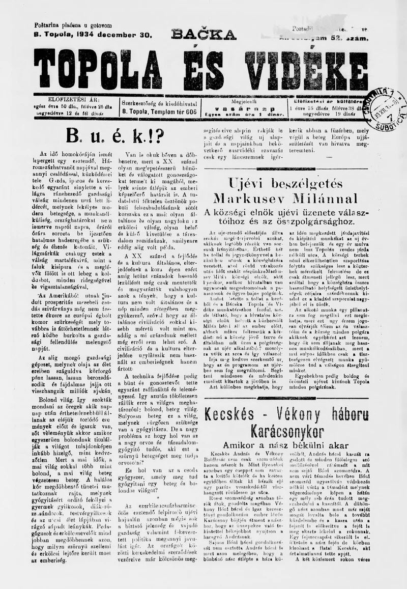 Bačka Topola és Vidéke, 11. évf. 1934. december 30. 52. sz.