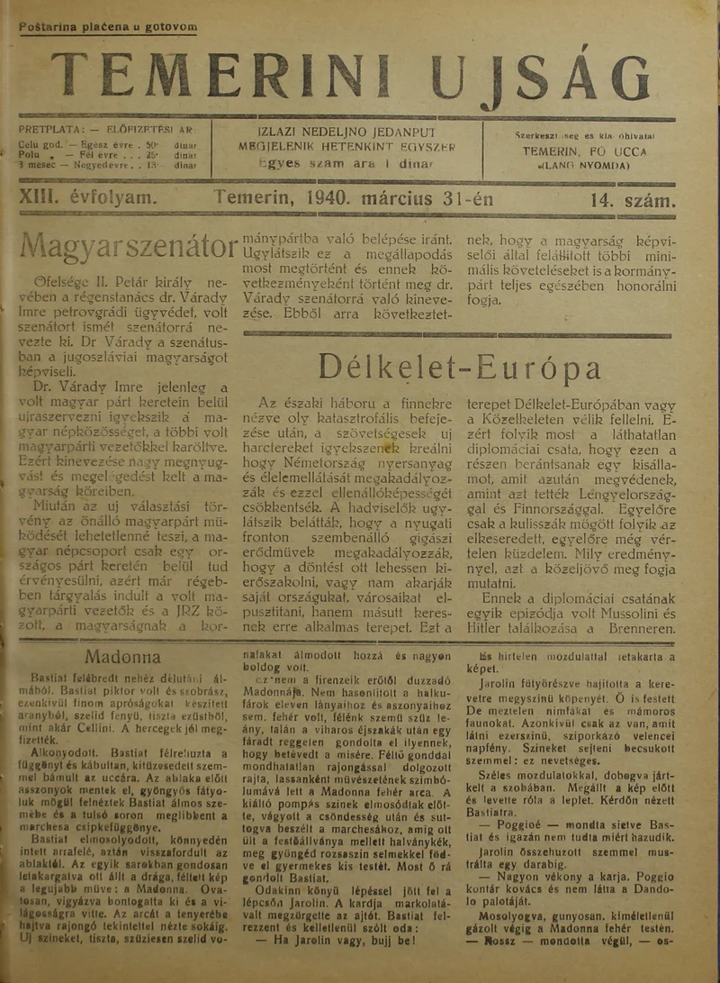 Temerini Újság 1928-1944, 13. évf. 1940. március 31. 14. sz.