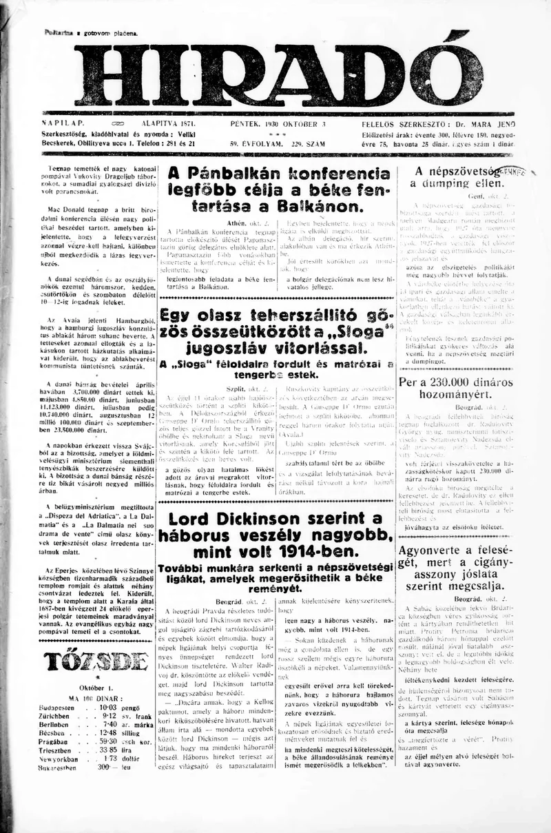 Híradó, 59. évf. 1930. október 3. 229. sz.