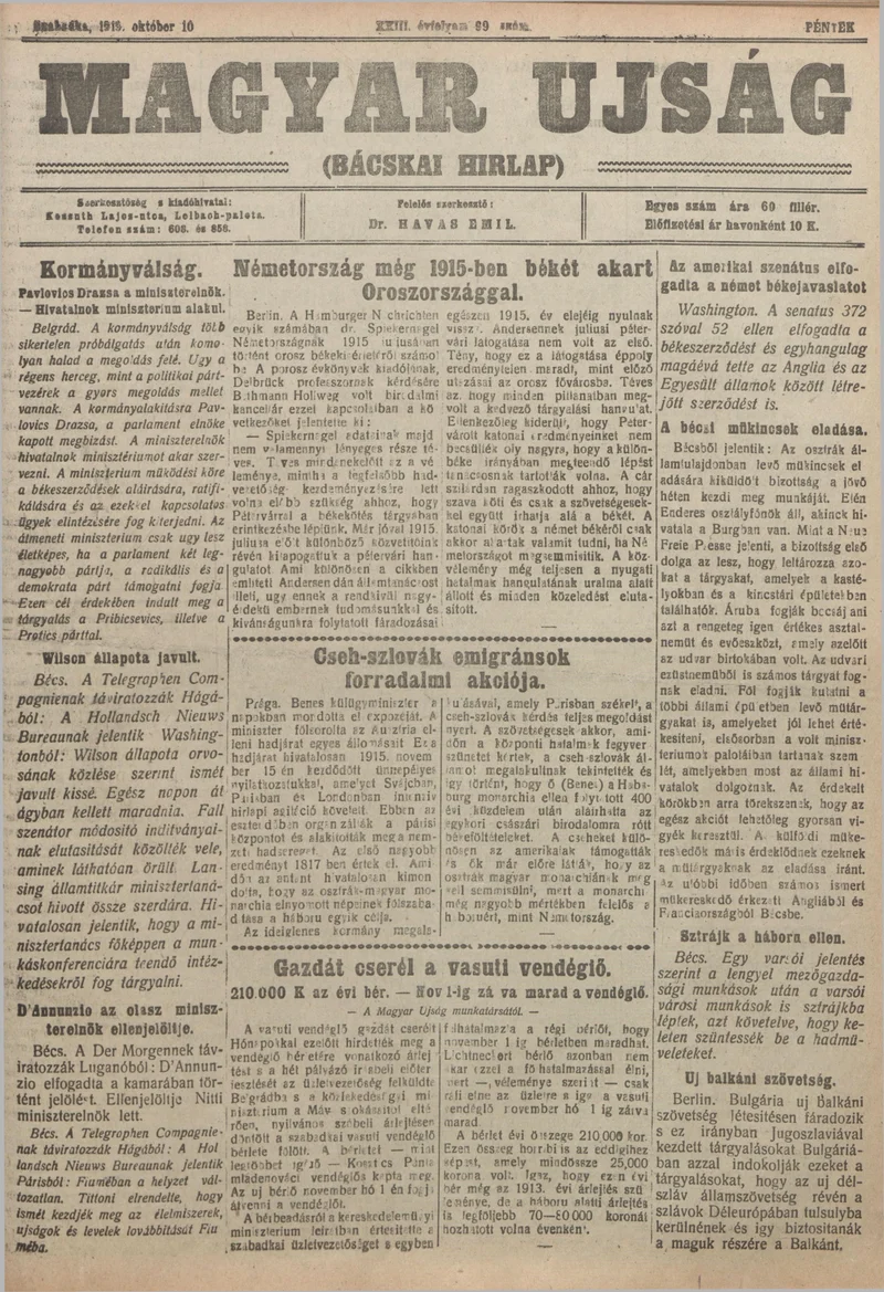 Bácskai Hirlap, 23. évf. 1919. október 10. 99. sz.