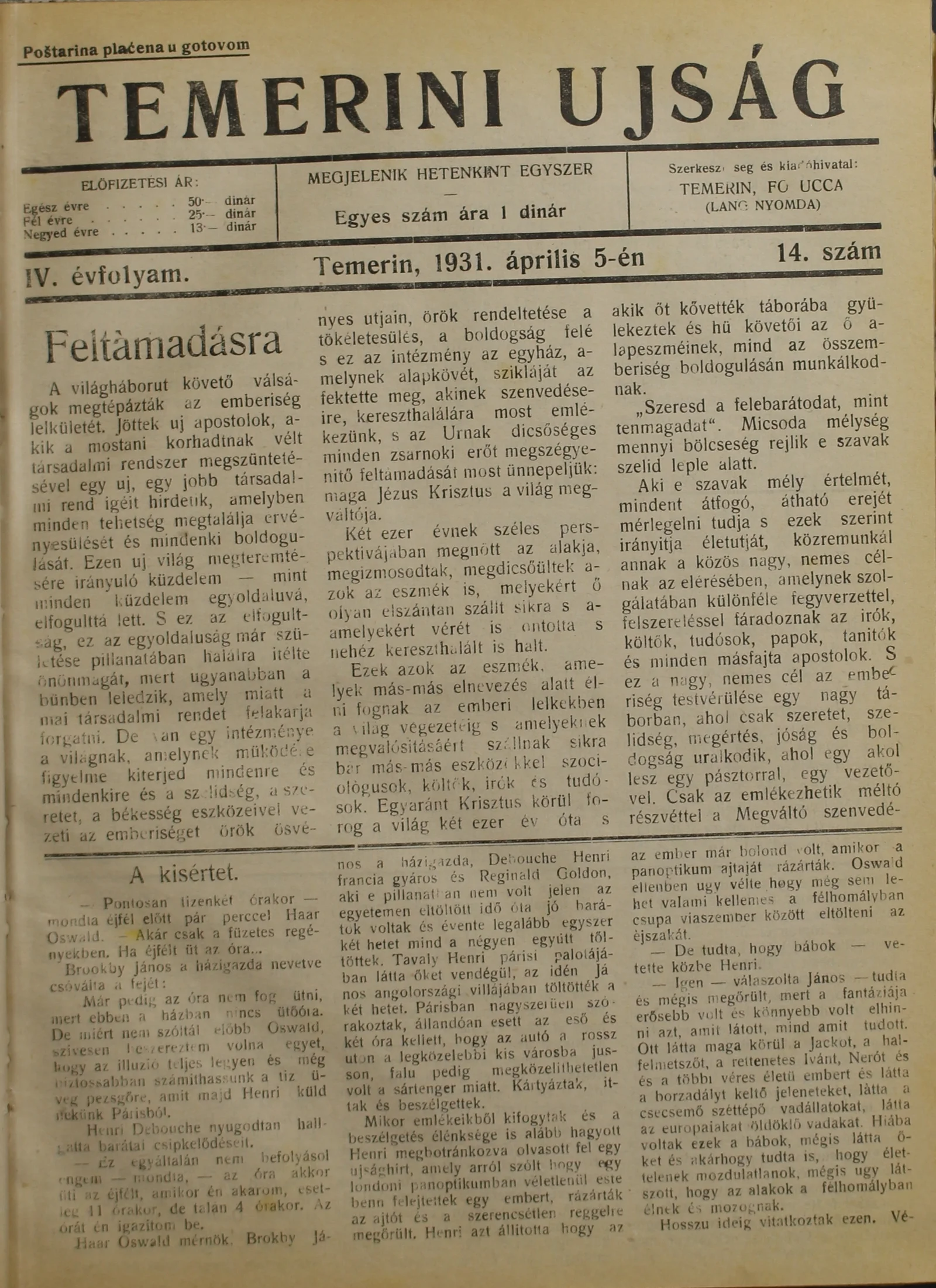 Temerini Újság 1928-1944, 4. évf. 1931. április 5. 14. sz.