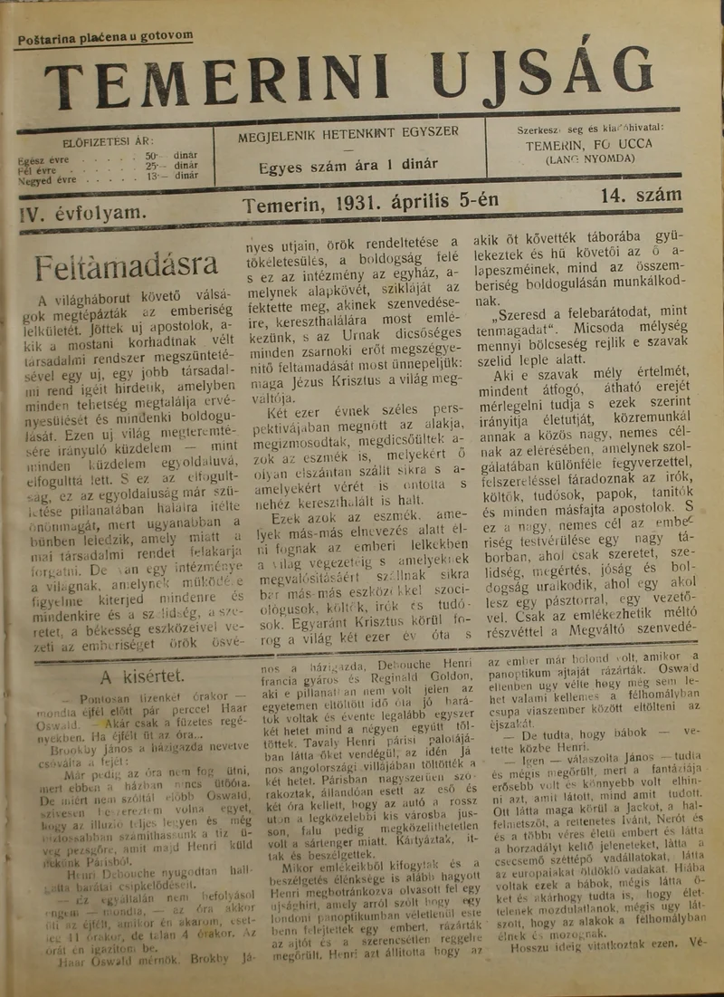 Temerini Újság 1928-1944, 4. évf. 1931. április 5. 14. sz.