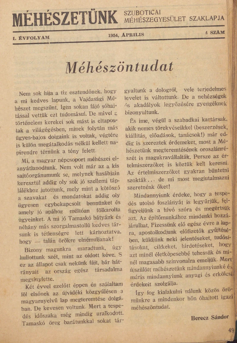 Méhészetünk, 1. évf. 1954. április 1. 4. sz.