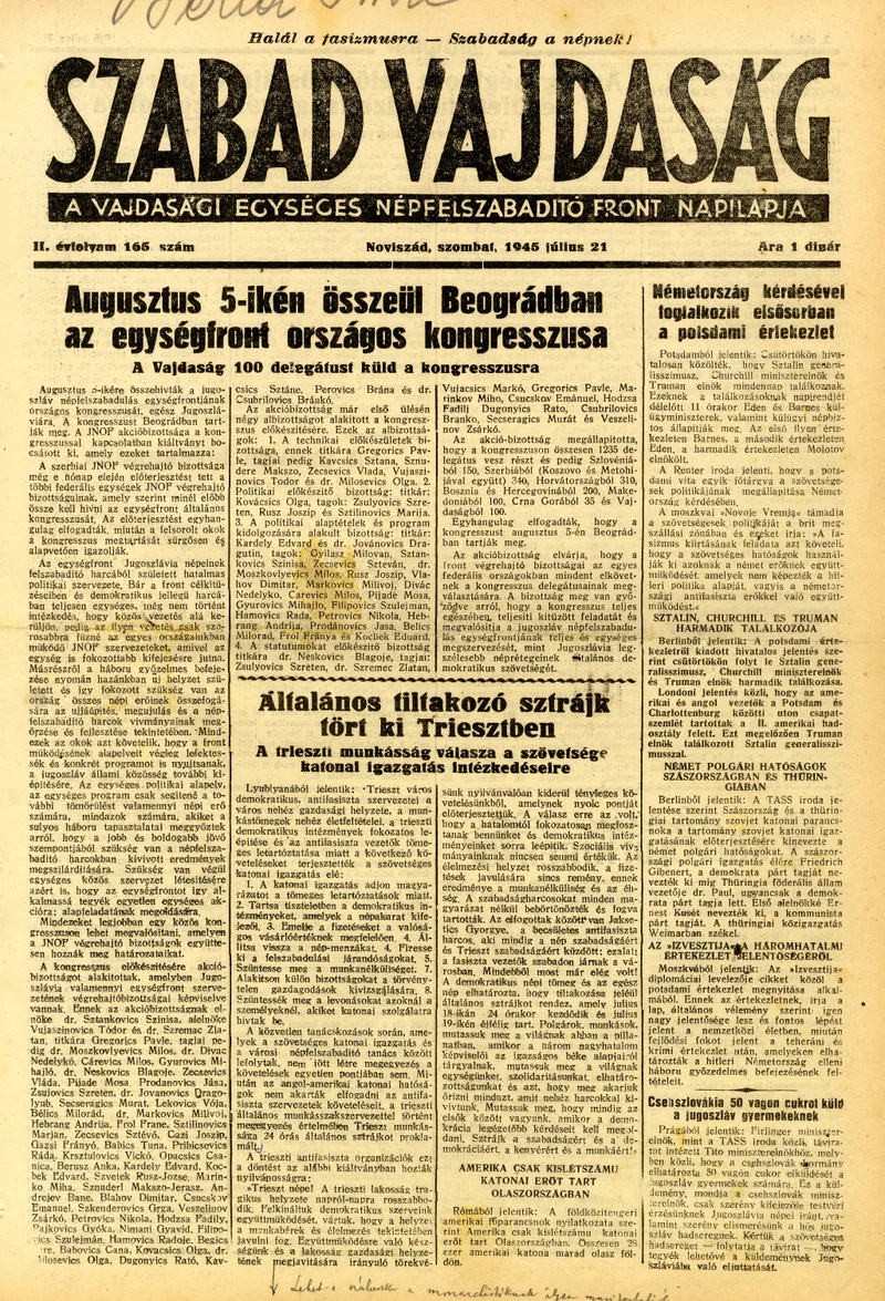 Szabad Vajdaság, 2. évf. 1945. július 21. 165. sz.