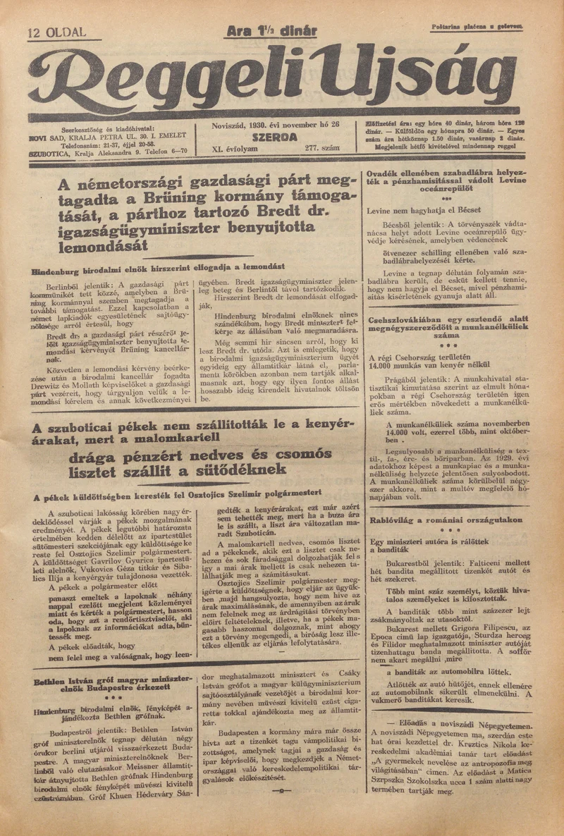 Reggeli Újság, 11. évf. 1930. november 26. 277. sz.