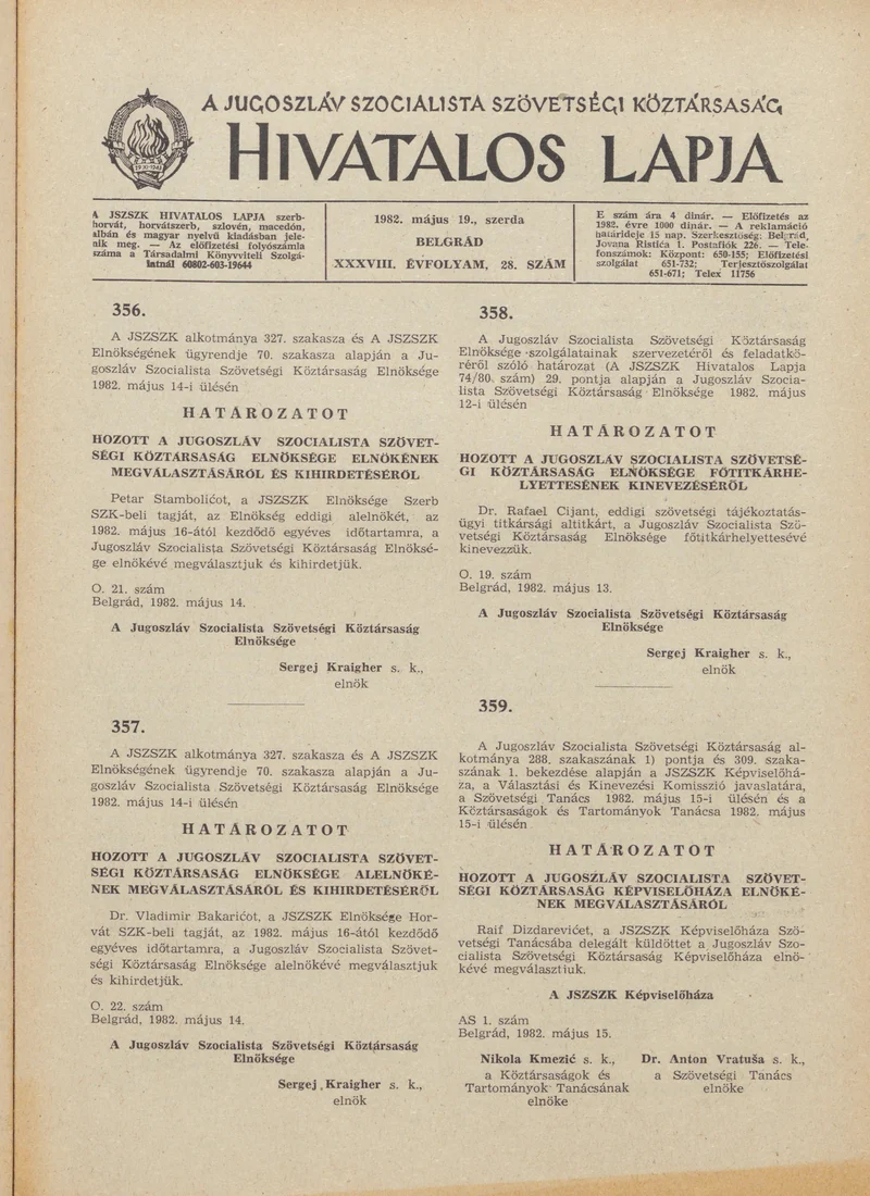 A Jugoszláv Szocialista Szövetségi Köztársaság Hivatalos Lapja, 38. évf. 1982. május 19. 28. sz. 845–852. oldal