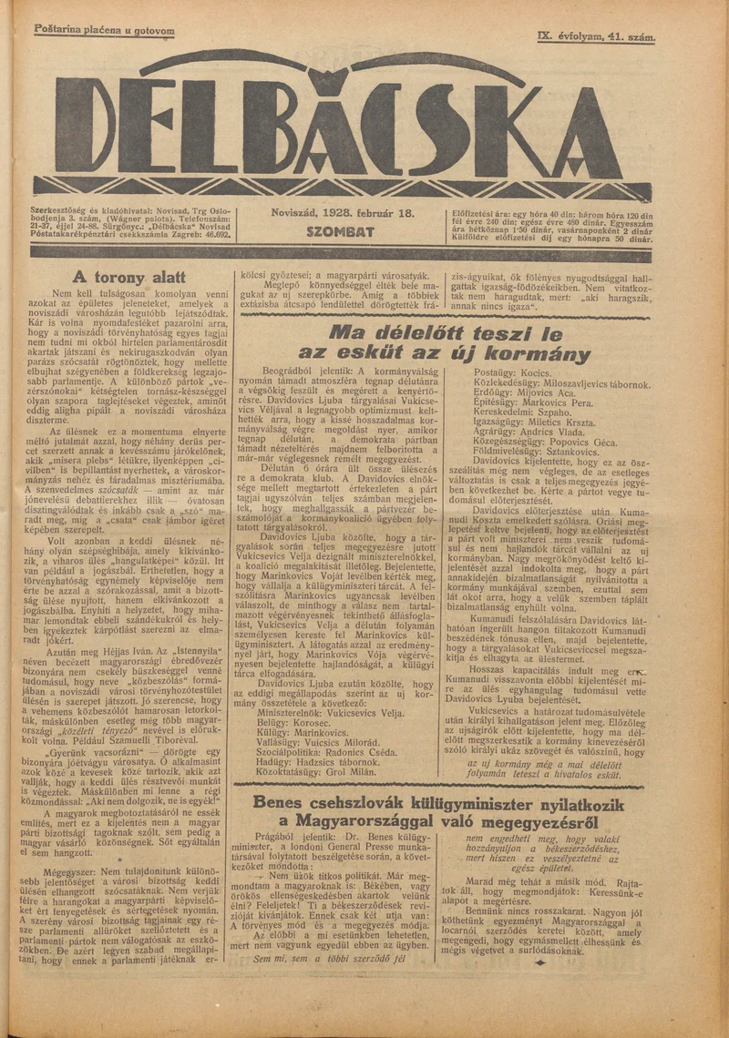 Délbácska, 9. évf. 1928. február 18. 41. sz.
