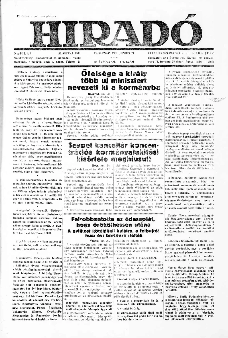 Híradó, 60. évf. 1931. június 21. 140. sz.