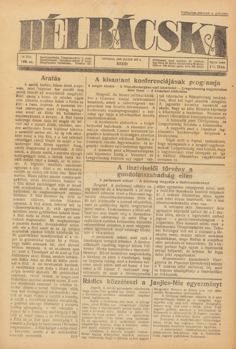 Délbácska, 4. évf. 1923. július 3. 149. sz.