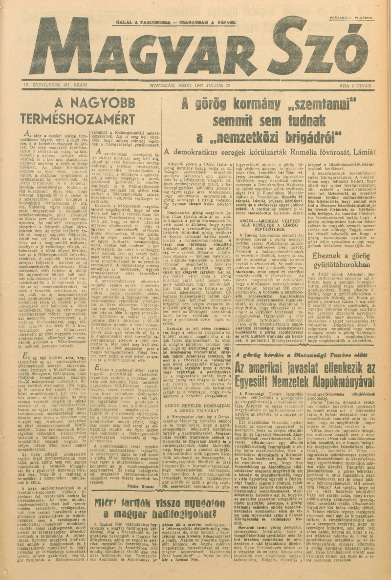 Magyar Szó, 4. évf. 1947. július 22. 181. sz. 1–4. oldal