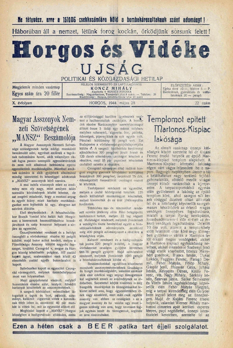 Horgos és vidéke, 9. évf. 1944. május 28. 22. sz.