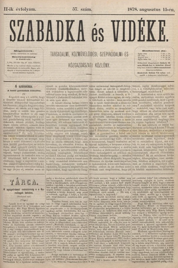 Szabadka és vidéke, 2. évf. 1878. augusztus 15. 57. sz.