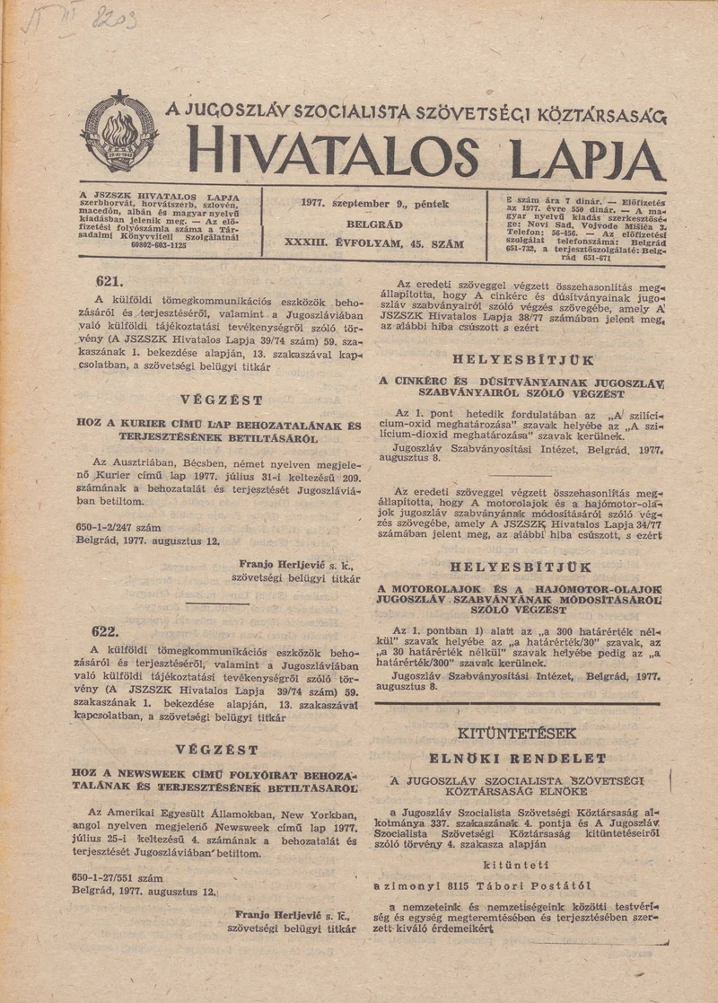 A Jugoszláv Szocialista Szövetségi Köztársaság Hivatalos Lapja, 33. évf. 1977. szeptember 9. 45. sz. 1737–1764. oldal